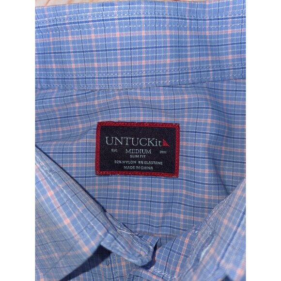 Untuckit Mens Medium Slim Fit Button-Down Shirt Blue & Pink Plaid Nylon/Elastane - Picture 5 of 7